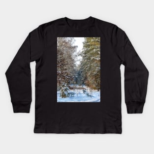 Winter landscape with snow-covered spruce forest. Kids Long Sleeve T-Shirt